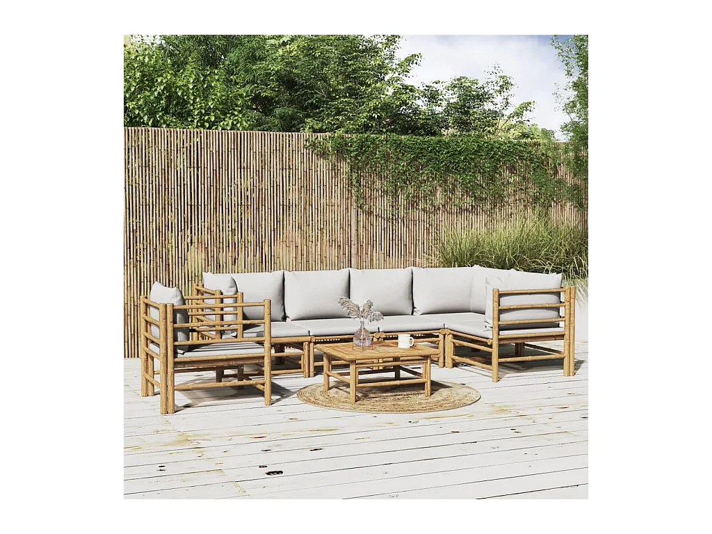 7 pcs conj. lounge de jardim bambu c/ almofadões cinzento-claro