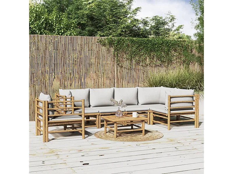 Salon de jardin 7 pcs avec coussins gris clair bambou