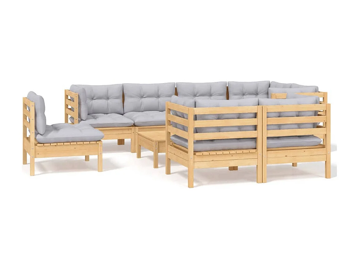 Set Divani da Giardino 9 pz con Cuscini Grigi Massello di Pino