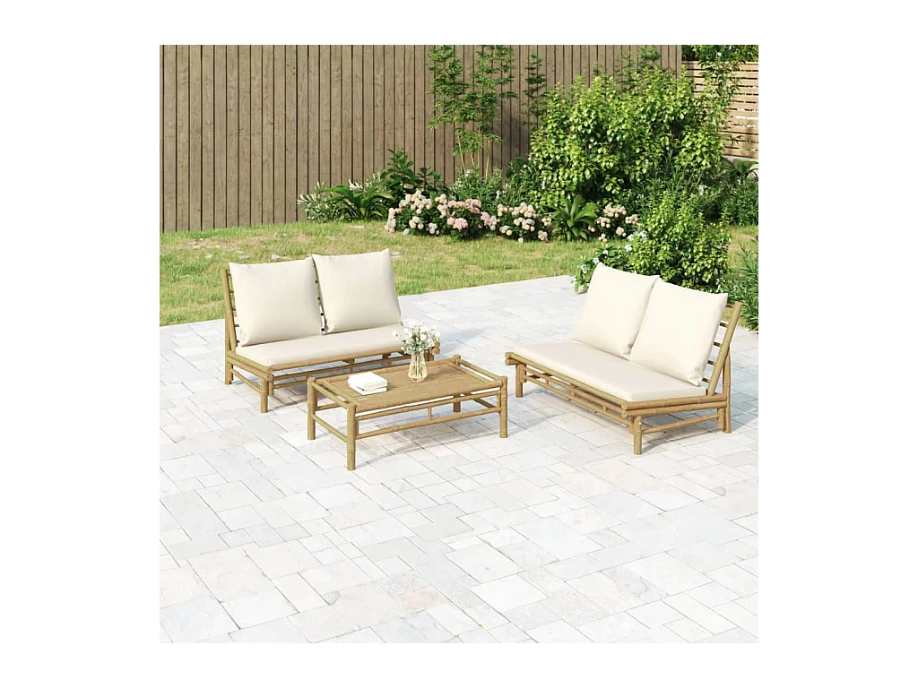 Salon de jardin 3 pcs avec coussins blanc crème bambou