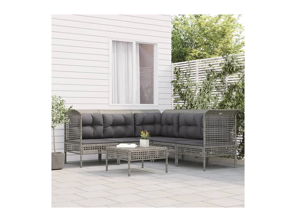 6-delige Loungeset met kussens poly rattan grijs