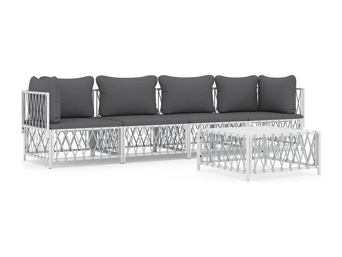Salon de jardin avec coussins 5 pcs blanc acier