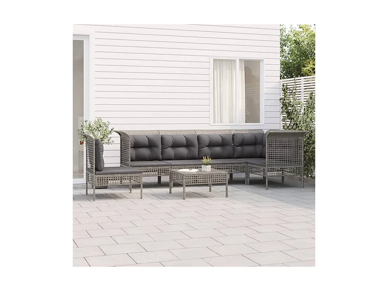 Set Divani da Giardino 7 pz con Cuscini in Polyrattan Grigio