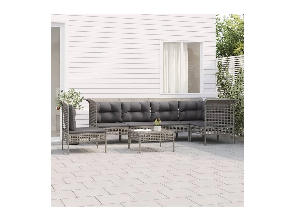 Salon de jardin 7 pcs avec coussins Gris Résine tressée