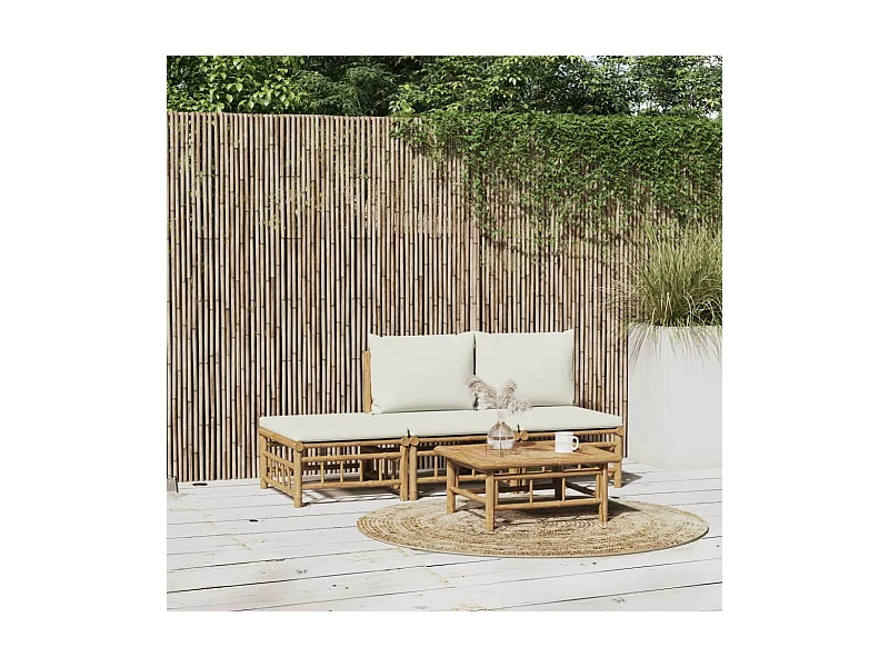 4-tlg. Garten-Lounge-Set mit Cremeweißen Kissen Bambus