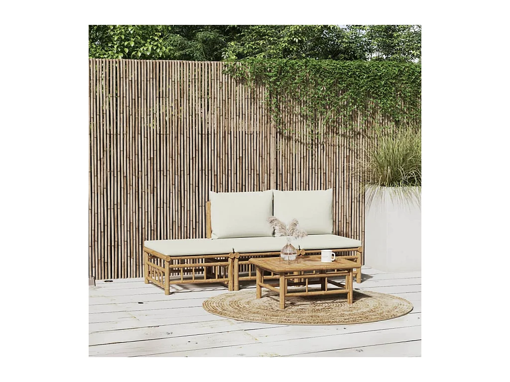 Salon de jardin 4 pcs avec coussins blanc crème bambou