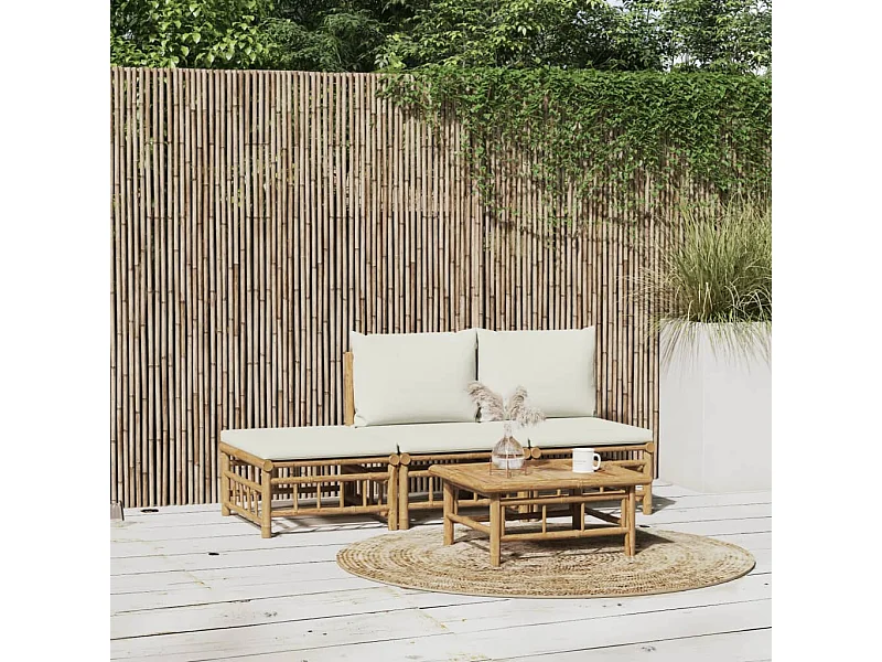 Salon de jardin 4 pcs avec coussins blanc crème bambou