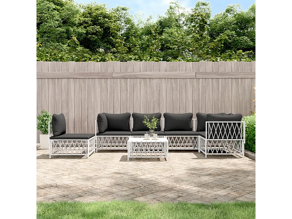 7-tlg. Garten-Lounge-Set mit Kissen Weiß Stahl