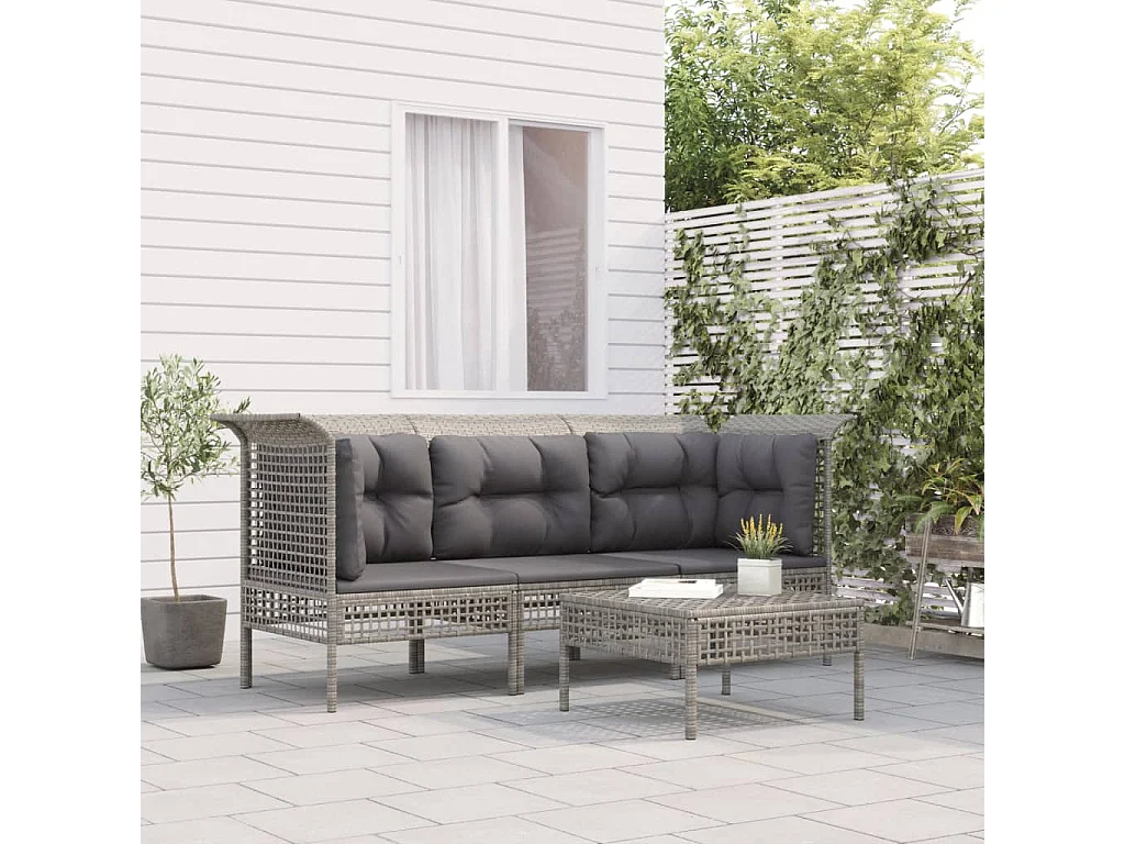 Set Divani da Giardino 4 pz con Cuscini in Polyrattan Grigio
