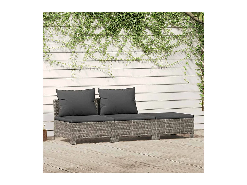 3-delige Loungeset met kussens poly rattan grijs