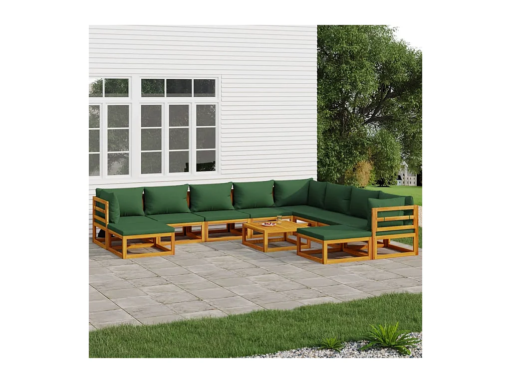 Salon de jardin 11 pcs avec coussins vert bois massif
