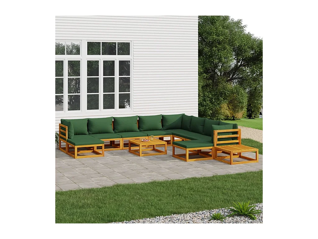 Salon de jardin 12 pcs avec coussins vert bois massif