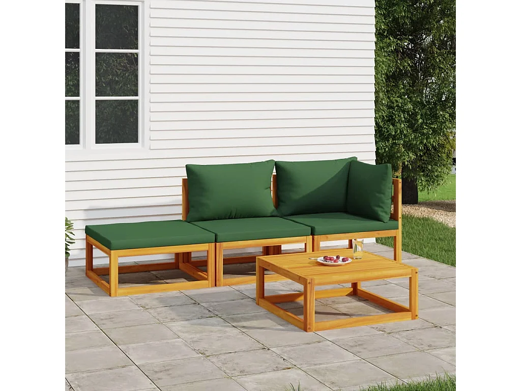 Set Salotto da Giardino 4 pz con Cuscini Verdi Legno Massello