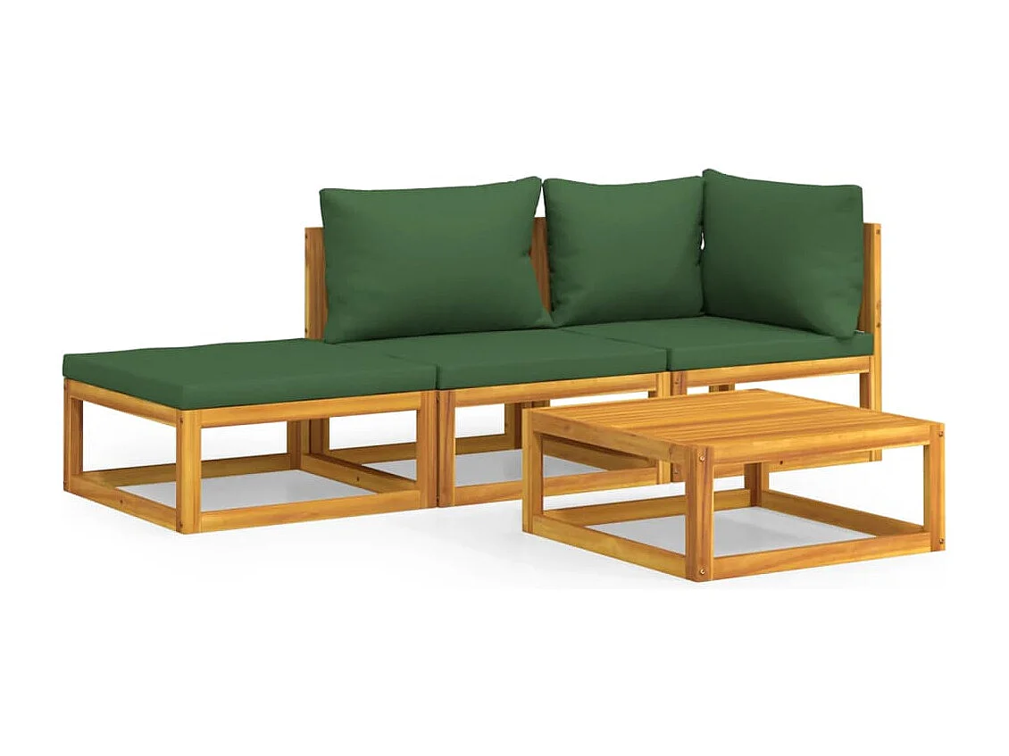 Set Salotto da Giardino 4 pz con Cuscini Verdi Legno Massello
