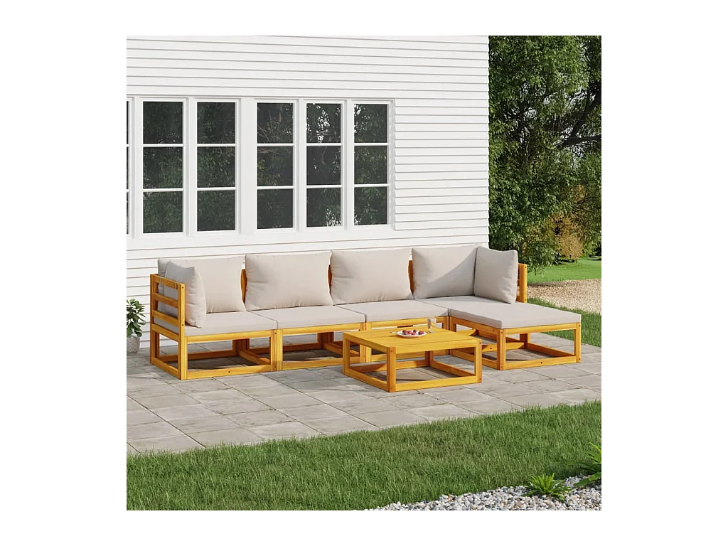 Salon de jardin 6 pcs avec coussins gris clair bois massif