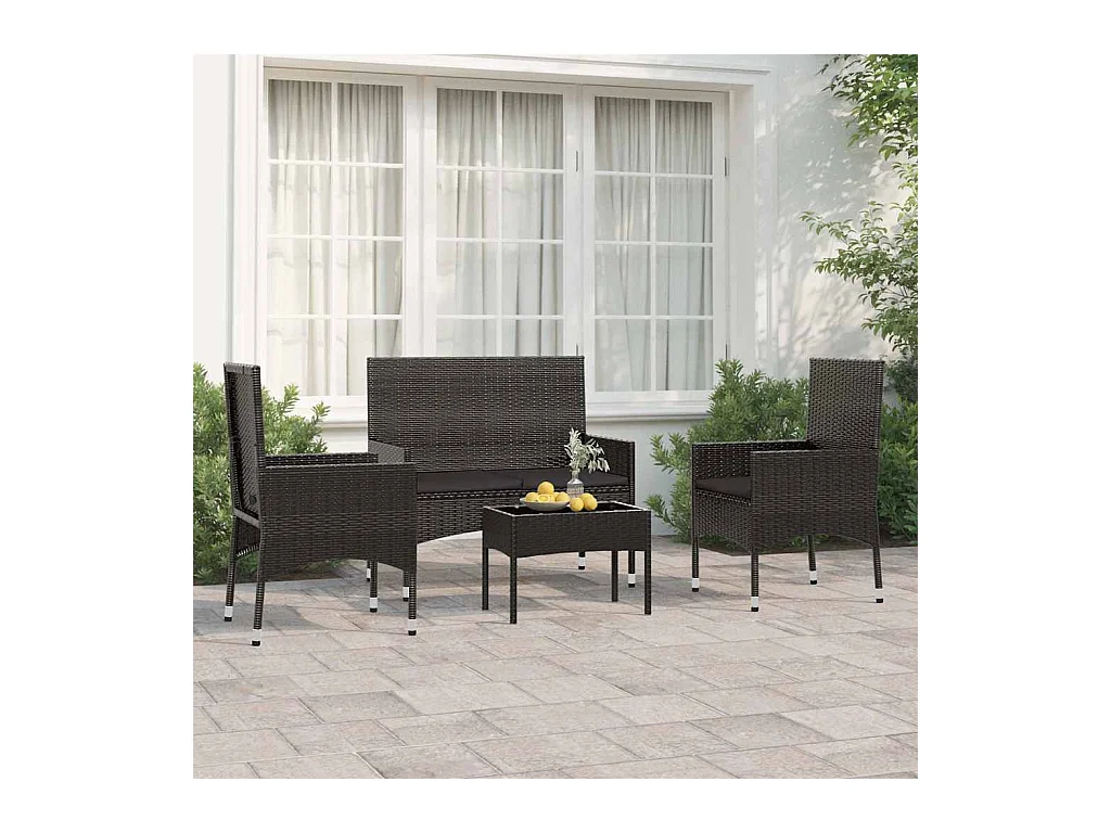 Salon de jardin 4 pcs avec coussins Noir Résine tressée