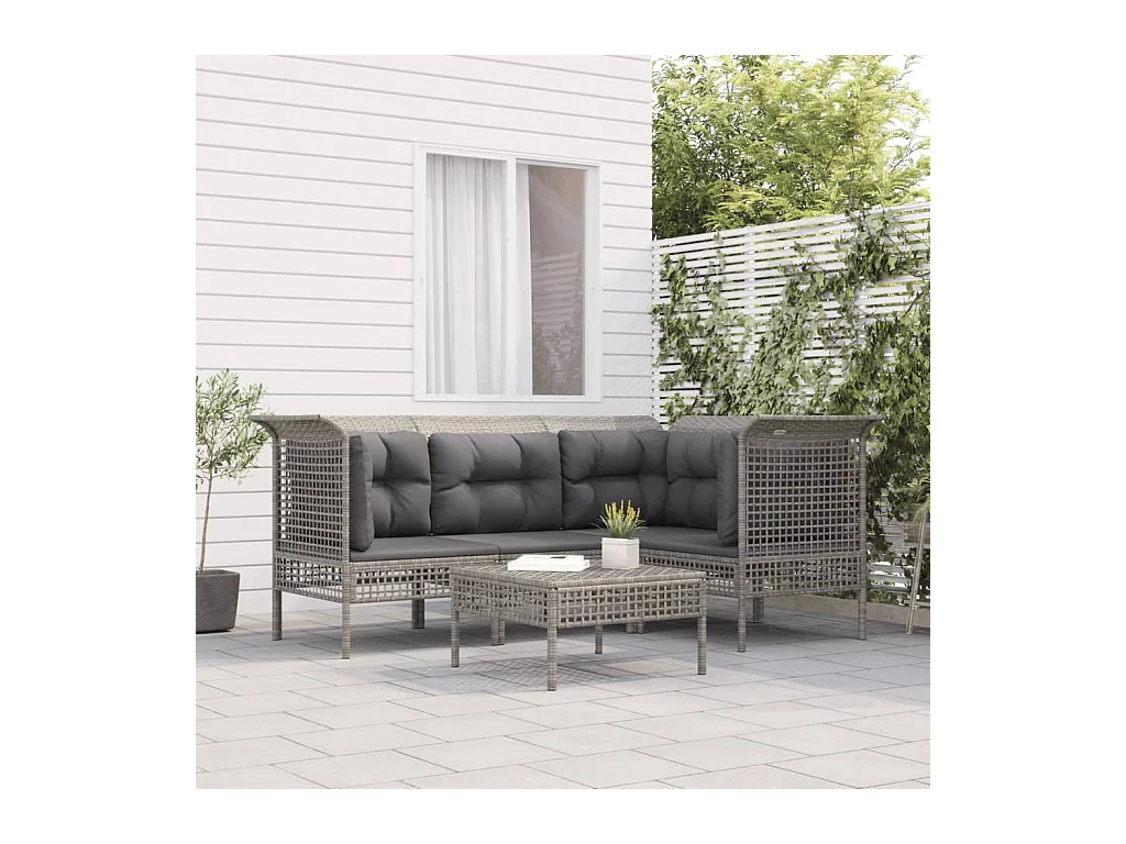 5-delige Loungeset met kussens poly rattan grijs