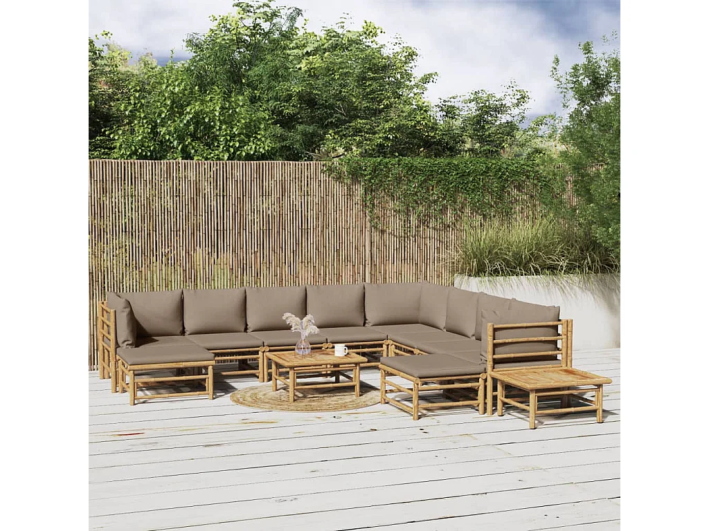 Set Salotto da Giardino 12pz con Cuscini Tortora Bambù