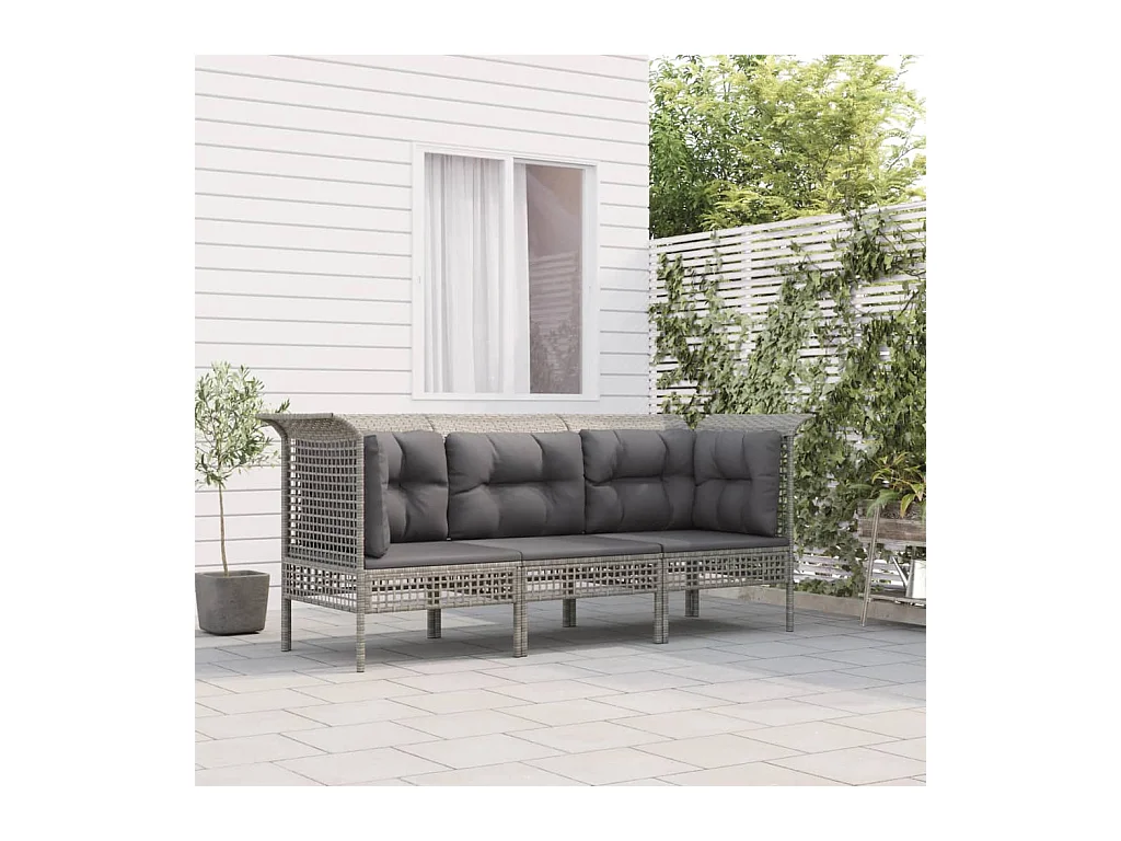 Set Divani da Giardino 3 pz con Cuscini in Polyrattan Grigio