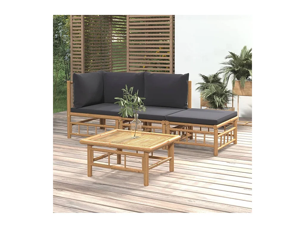 4-tlg. Garten-Lounge-Set mit Dunkelgrauen Kissen Bambus