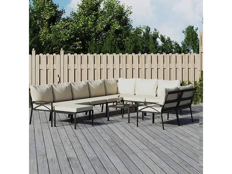 Salon de jardin 11 pcs avec coussins sable acier
