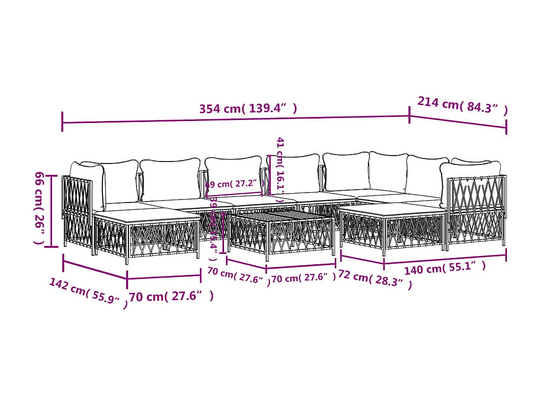 10 pcs conjunto lounge de jardim com almofadões aço branco