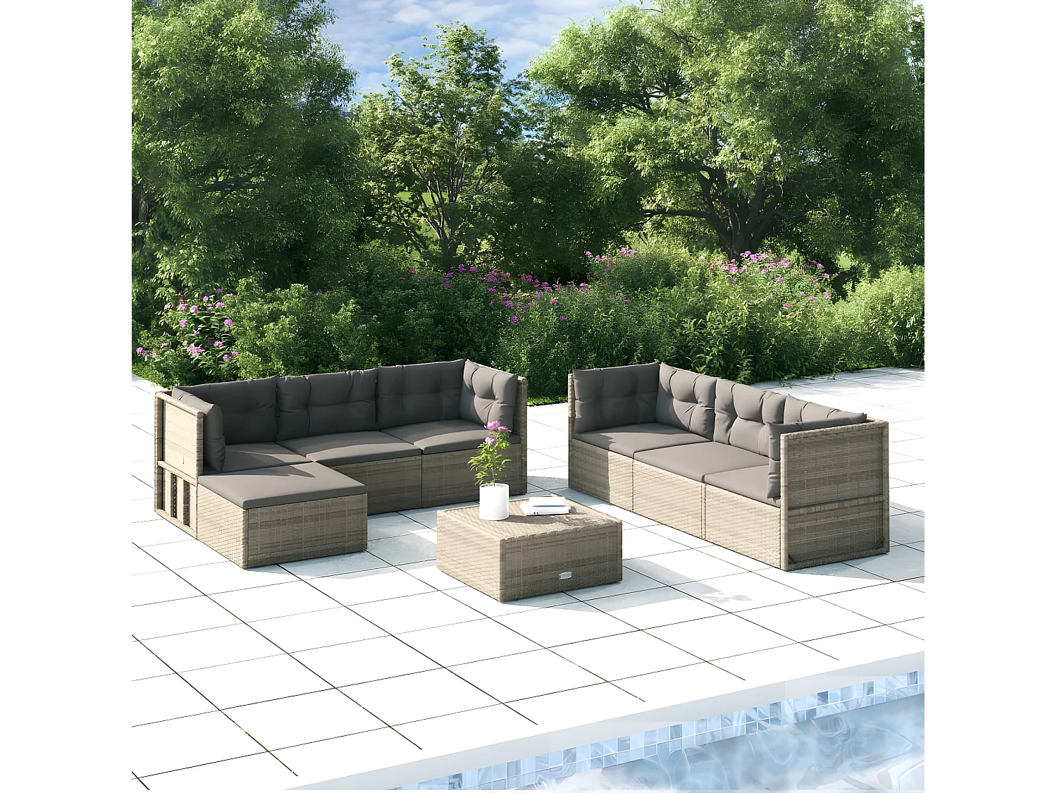 Salon de jardin 7 pcs avec coussins Gris Résine tressée