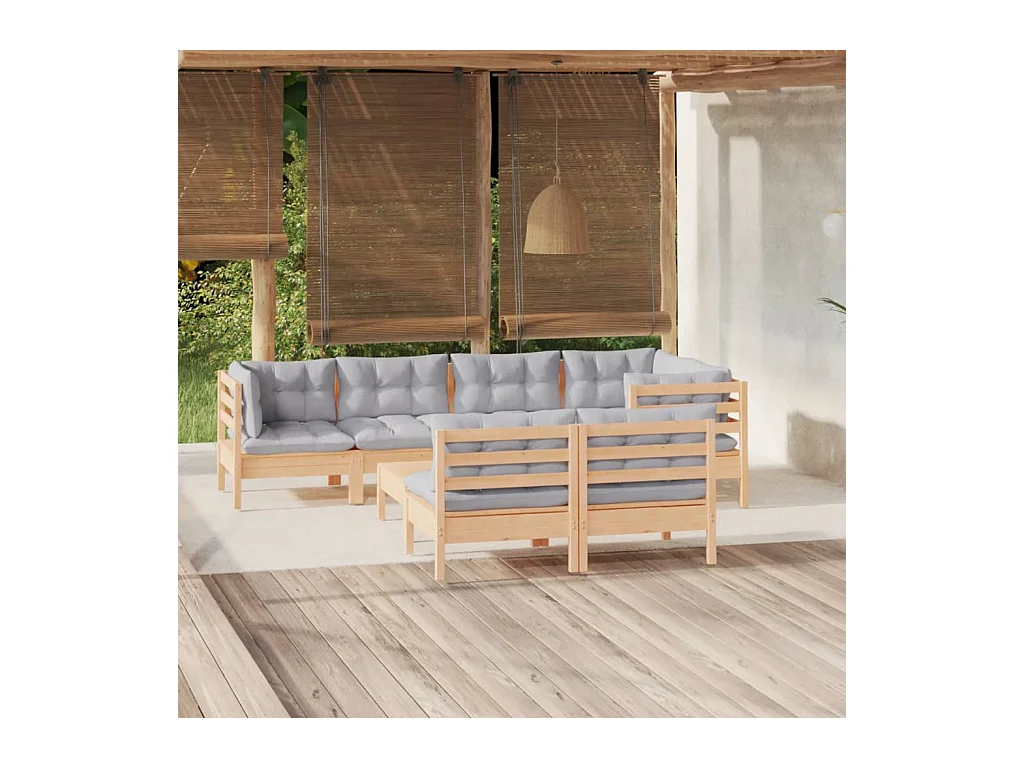 8-delige Loungeset met grijze kussens grenenhout