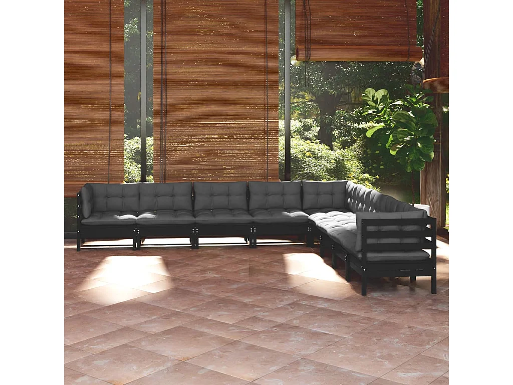9-tlg. Garten-Lounge-Set mit Kissen Schwarz Massivholz Kiefer