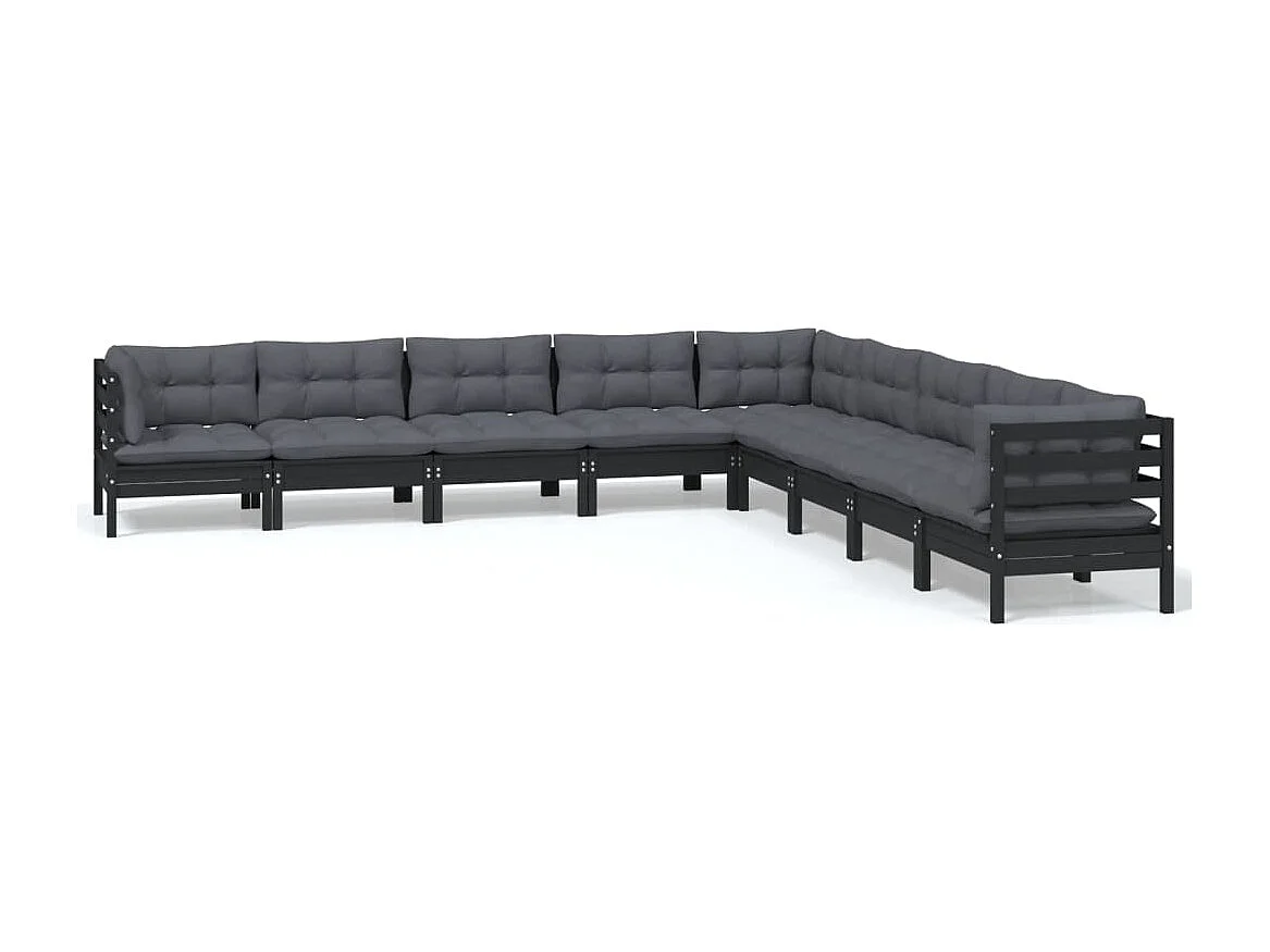 9-tlg. Garten-Lounge-Set mit Kissen Schwarz Massivholz Kiefer