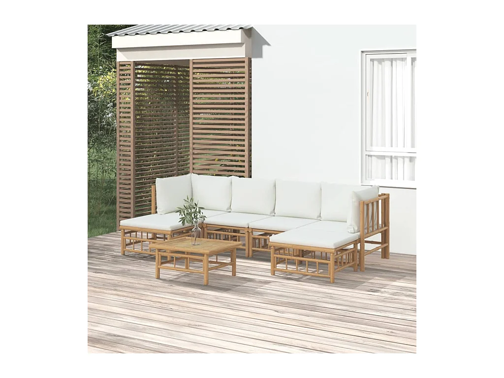 Salon de jardin 7 pcs avec coussins blanc crème bambou