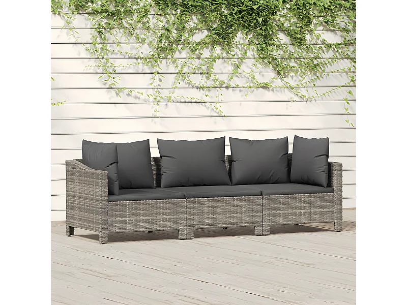 Salon de jardin 3 pcs avec coussins Gris Résine tressée