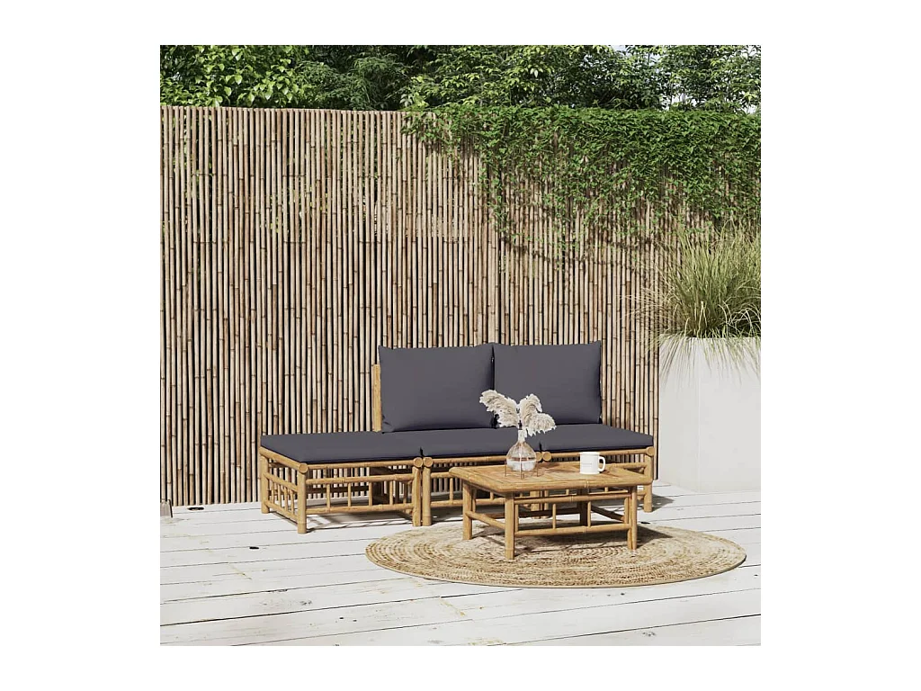 Salon de jardin 4 pcs avec coussins gris foncé bambou