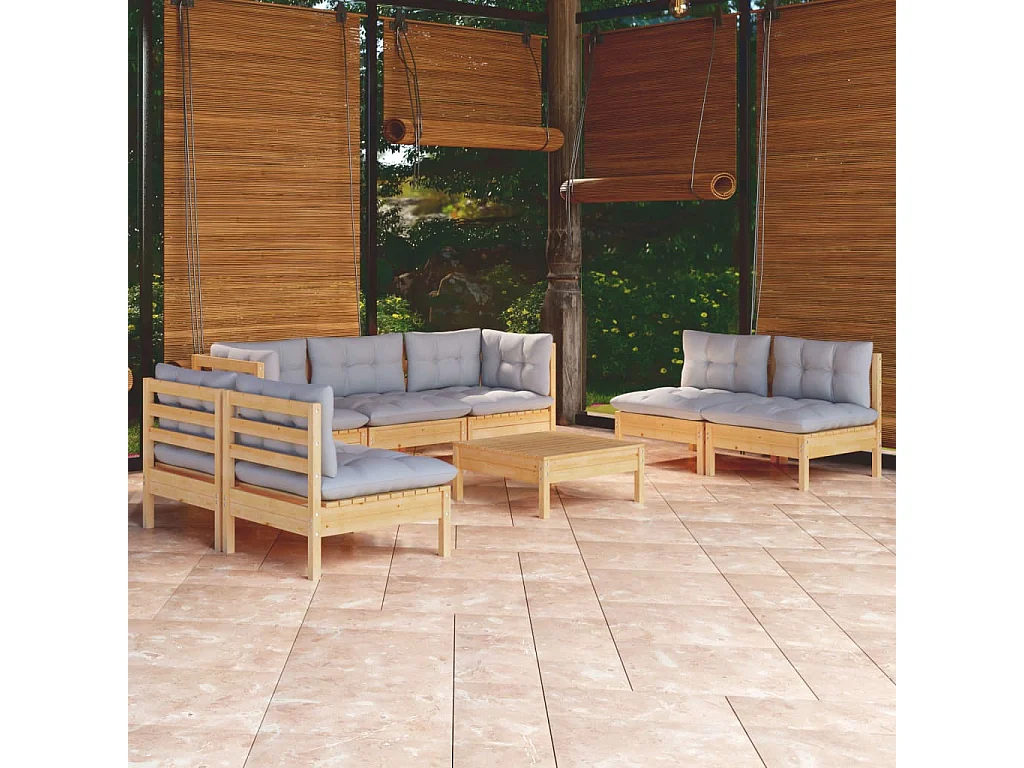 Salon de jardin 8 pcs avec coussins gris Bois de pin massif