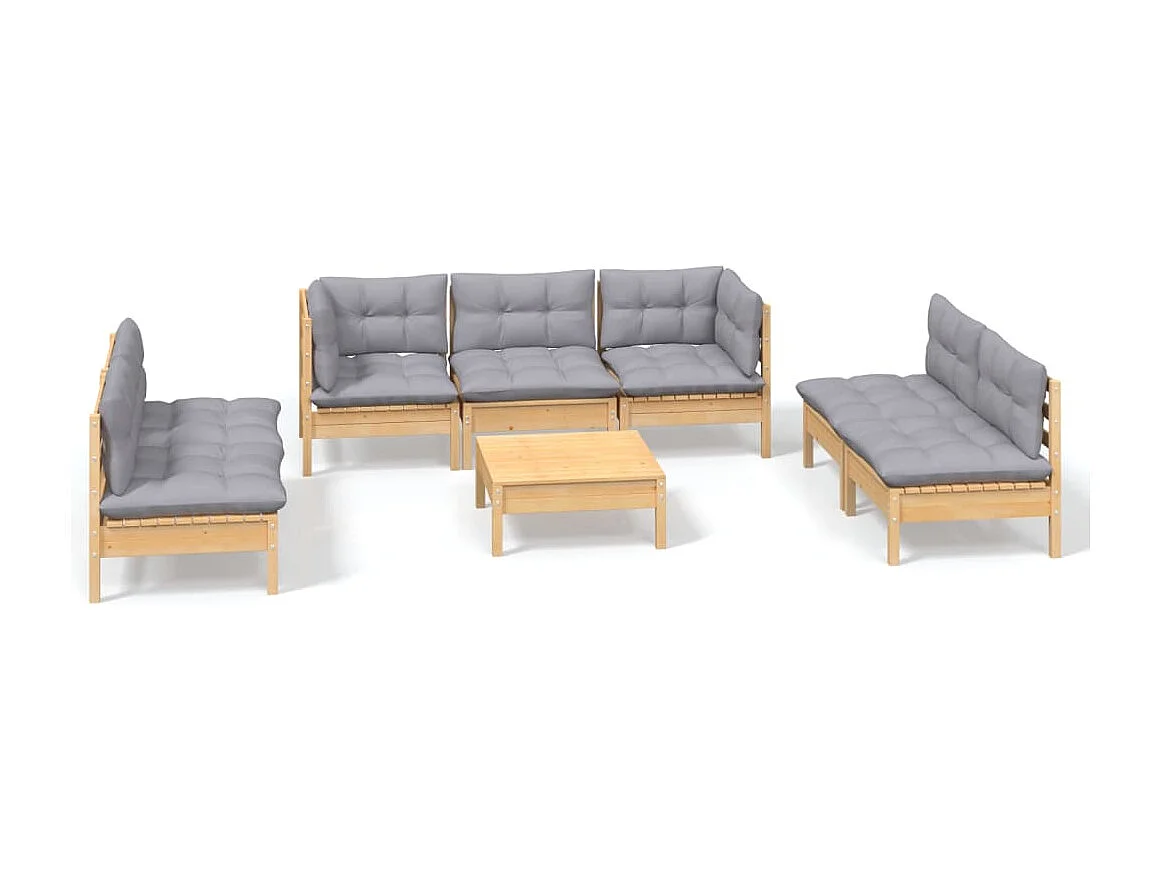 Salon de jardin 8 pcs avec coussins gris Bois de pin massif