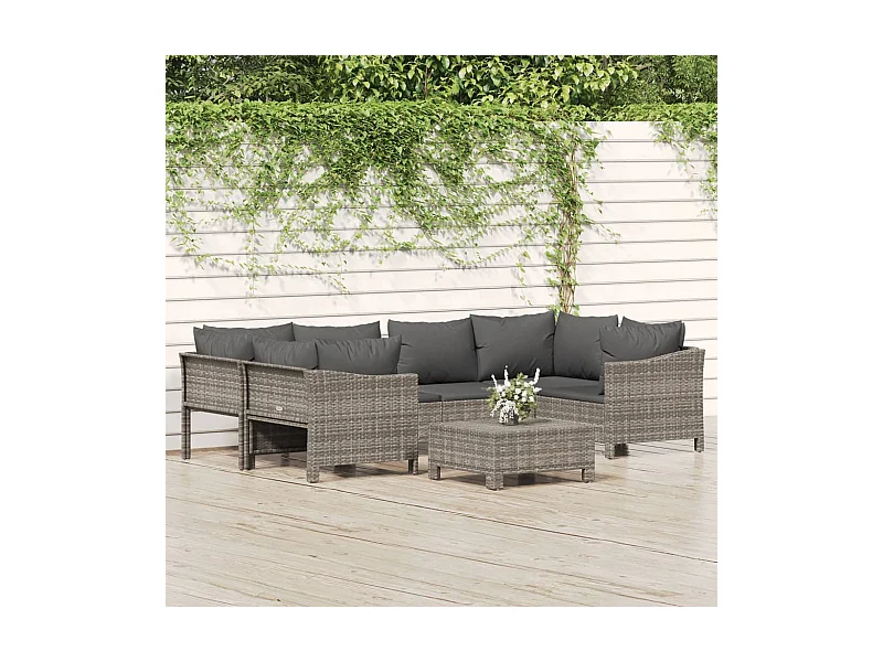Set Divani da Giardino 7 pz con Cuscini in Polyrattan Grigio