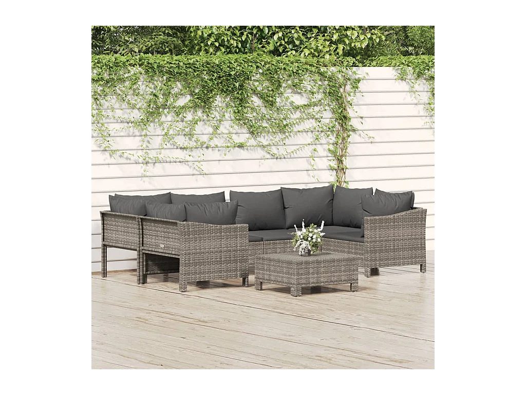 Salon de jardin 7 pcs avec coussins Gris Résine tressée