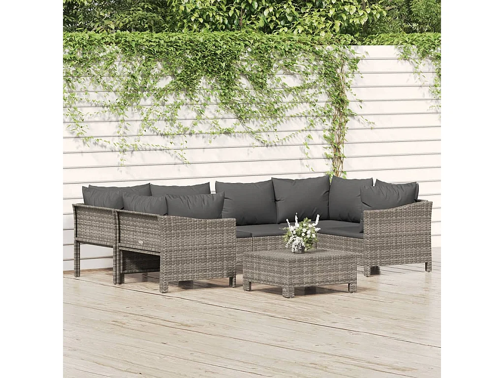 Salon de jardin 7 pcs avec coussins Gris Résine tressée
