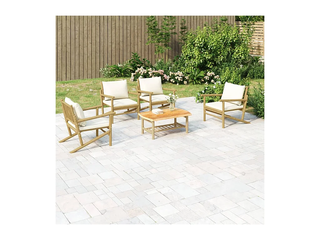 Set Salotto da Giardino 5pz con Cuscini Bianco Crema in Bambù