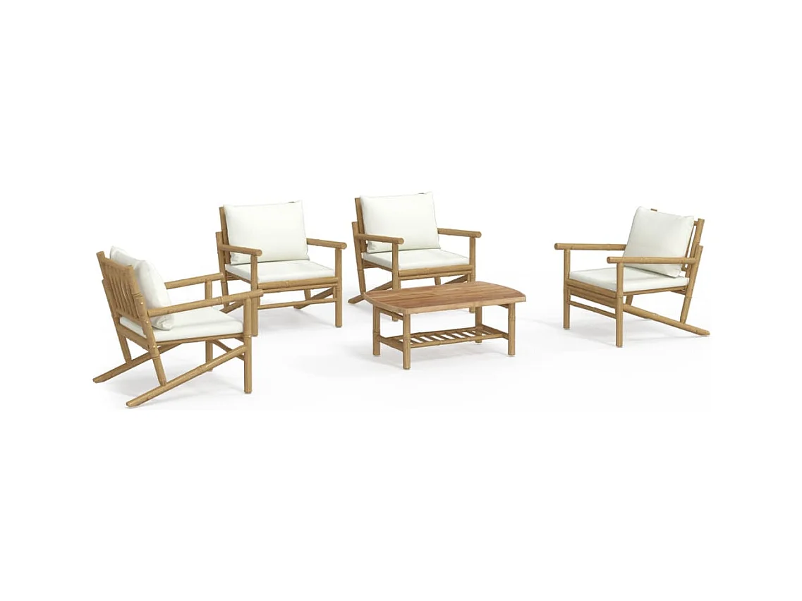 Set Salotto da Giardino 5pz con Cuscini Bianco Crema in Bambù