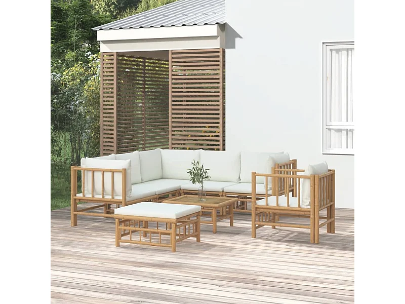 Salon de jardin 8 pcs avec coussins blanc crème bambou