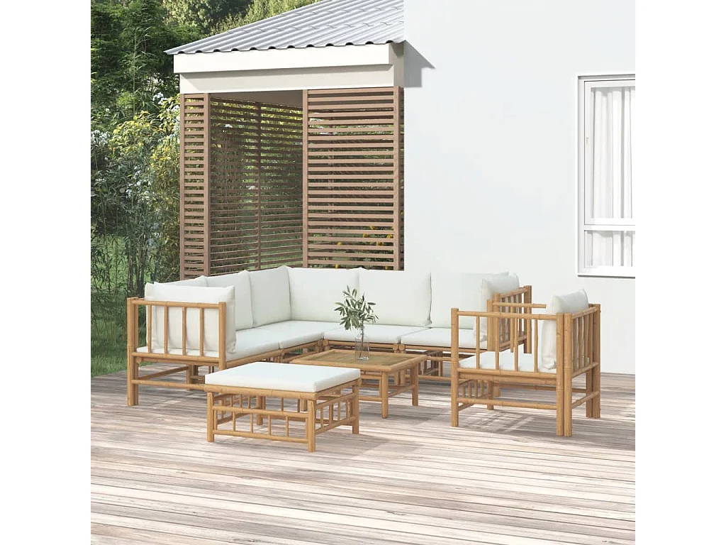 Salon de jardin 8 pcs avec coussins blanc crème bambou