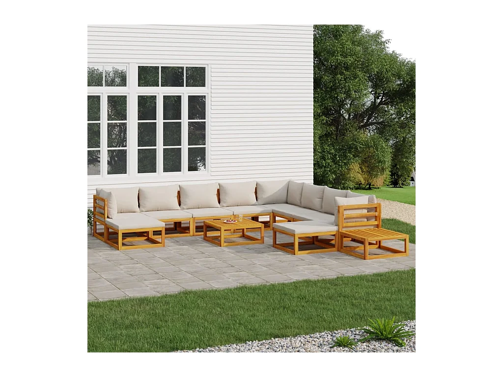 Salon de jardin 12 pcs avec coussins gris clair bois massif
