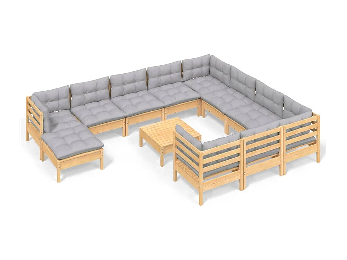 12-tlg. Garten-Lounge-Set mit Grauen Kissen Kiefernholz