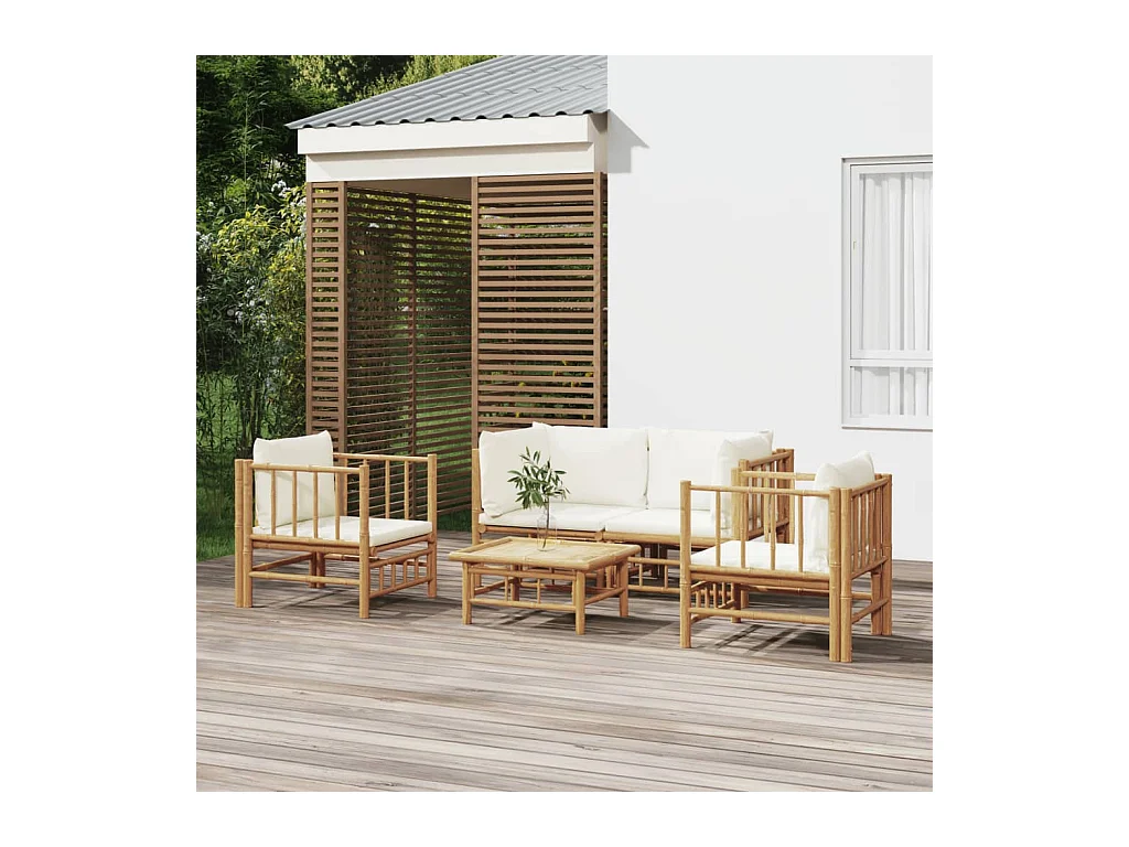 Salon de jardin 5 pcs avec coussins blanc crème bambou