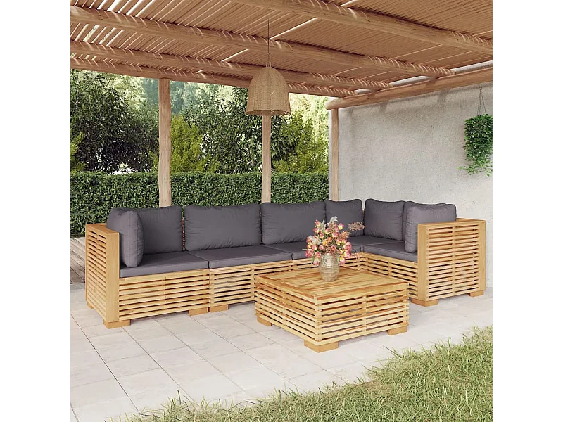 6-tlg. Garten-Lounge-Set mit Kissen Massivholz Teak