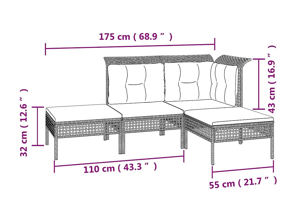 8-tlg. Garten-Lounge-Set mit Kissen Grau Poly Rattan