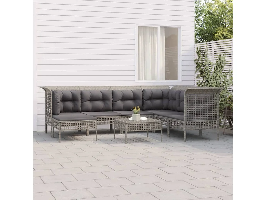 Salon de jardin 8 pcs avec coussins Gris Résine tressée