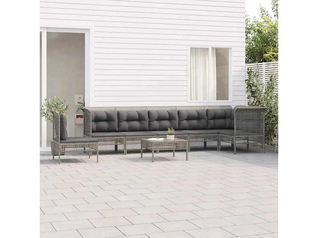 8-delige Loungeset met kussens poly rattan grijs