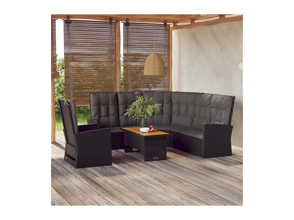 3-delige Loungeset met kussens poly rattan zwart